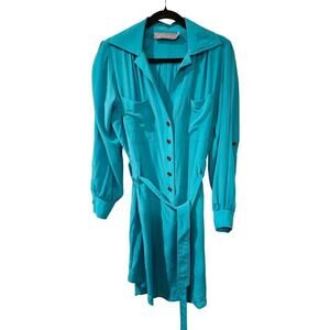 Hunter Dixon Leigh Leigh Shirt Dress 100% Silk Turquoise‎ Teal Belt Womens Large